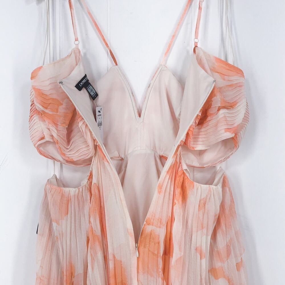 Express Midi Dress Floral Pleated Pastel Flowy Side Cut Out Size XL White Orange - Picture 10 of 15